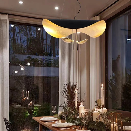 Artistic pendant light lamps for living room with curved alloy shade.