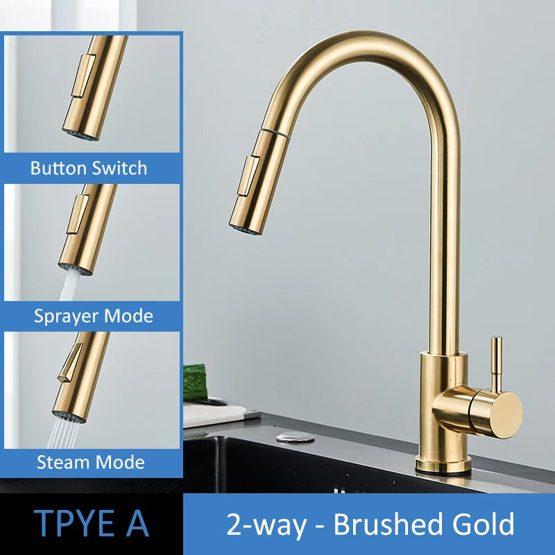 Gold kitchen faucet with single-hole installation and lever control
