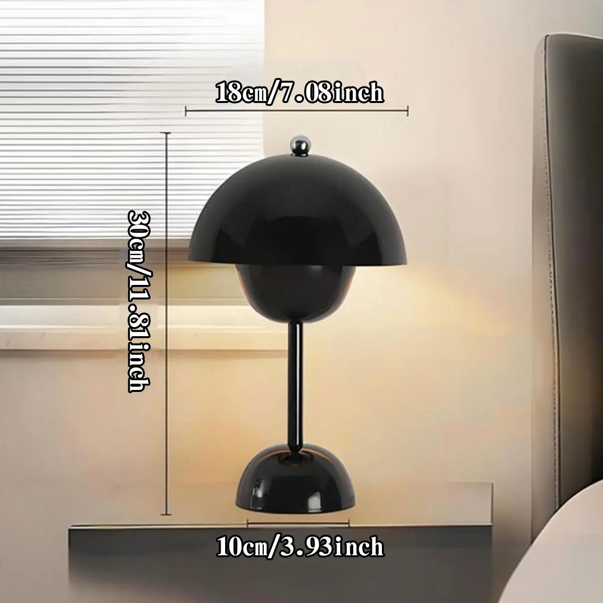Minimalist bedroom setup with rechargeable mushroom LED lamp