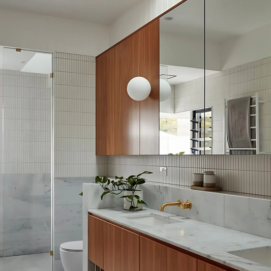 Modern bathroom with glass wall sconce Bauhaus-style glass wall lamp