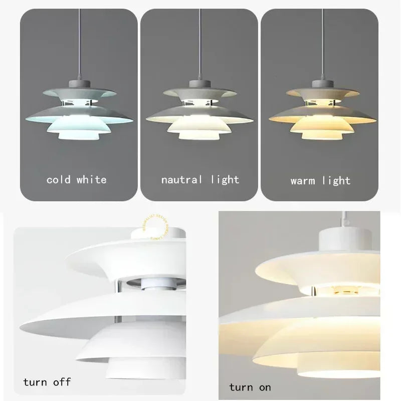 Pendant light with labeled color temperature effects on a gray background