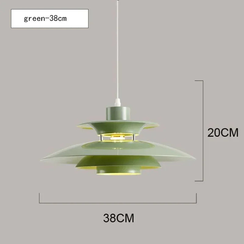 Green pendant lamp with dimensions on a gray background