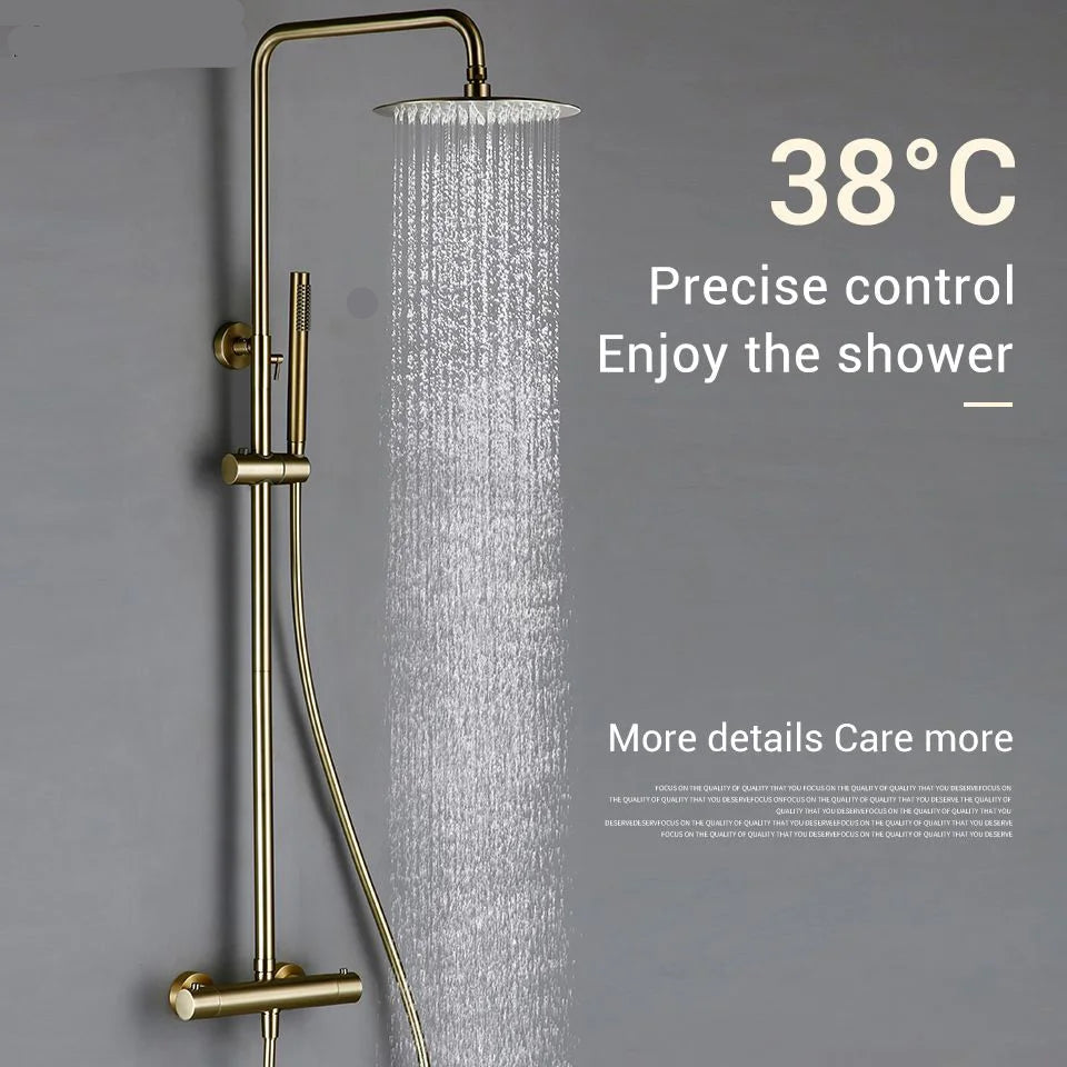 Aarunya thermostatic rain shower system with brushed gold finish