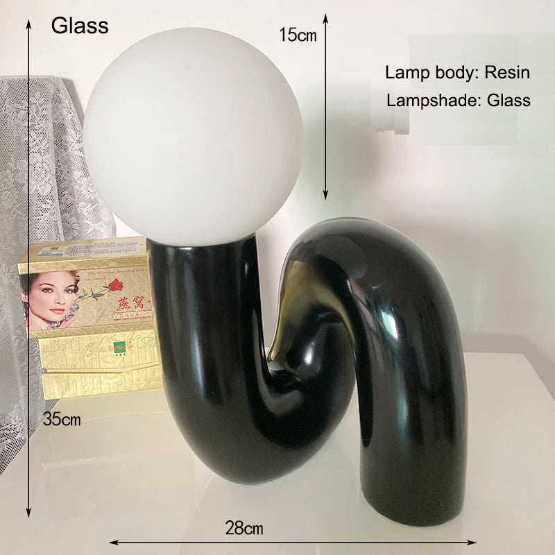 Modern black and white lamp with dimensions labeled