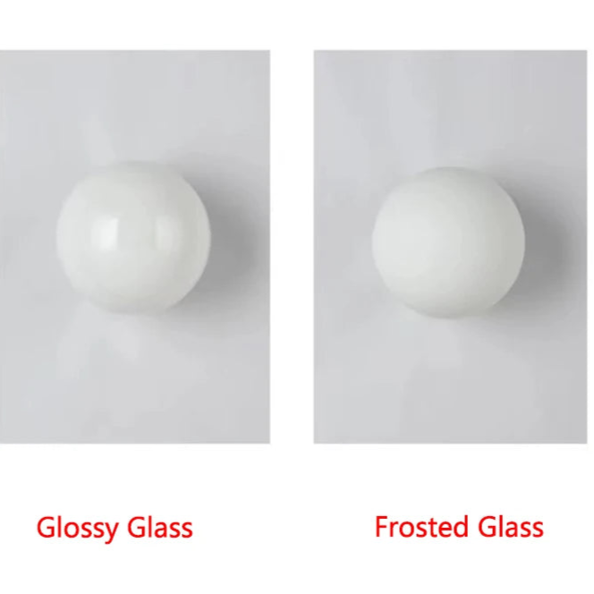 Two glass spheres labeled 'Glossy Glass' and 'Frosted Glass' on a white background.
