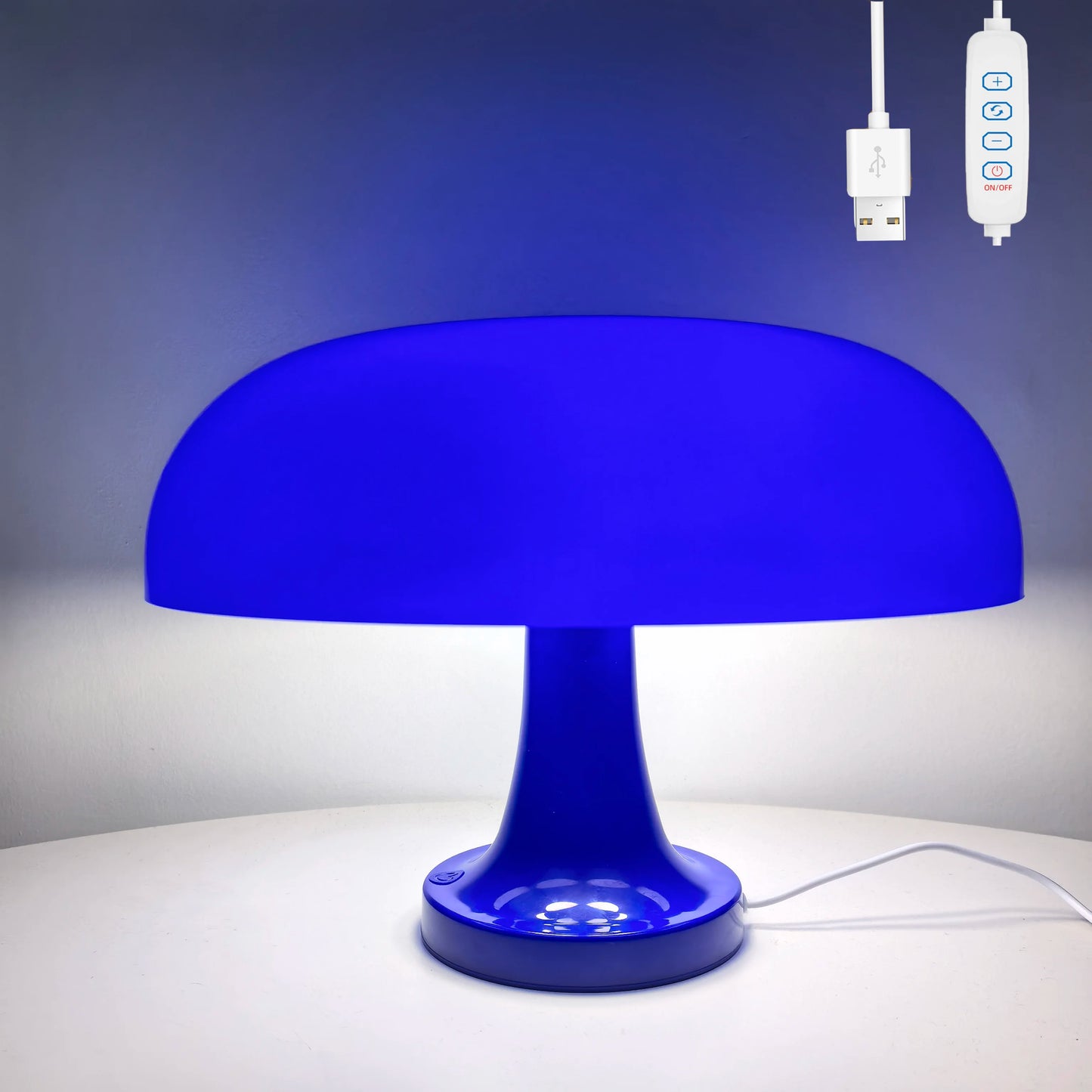 Blue table lamp with a power adapter on a gray background