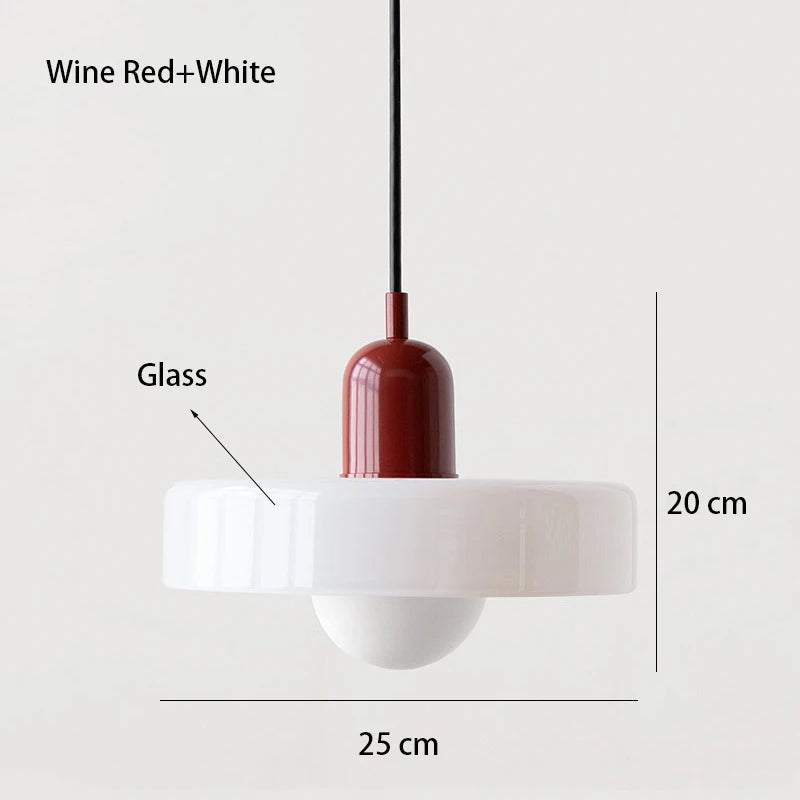 Pendant light with wine red and white design, labeled 'Wine Red + White', showing dimensions on a light gray background.