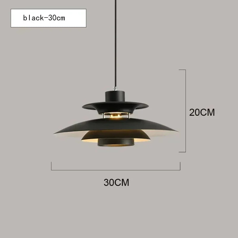 Black pendant light with dimensions on a gray background