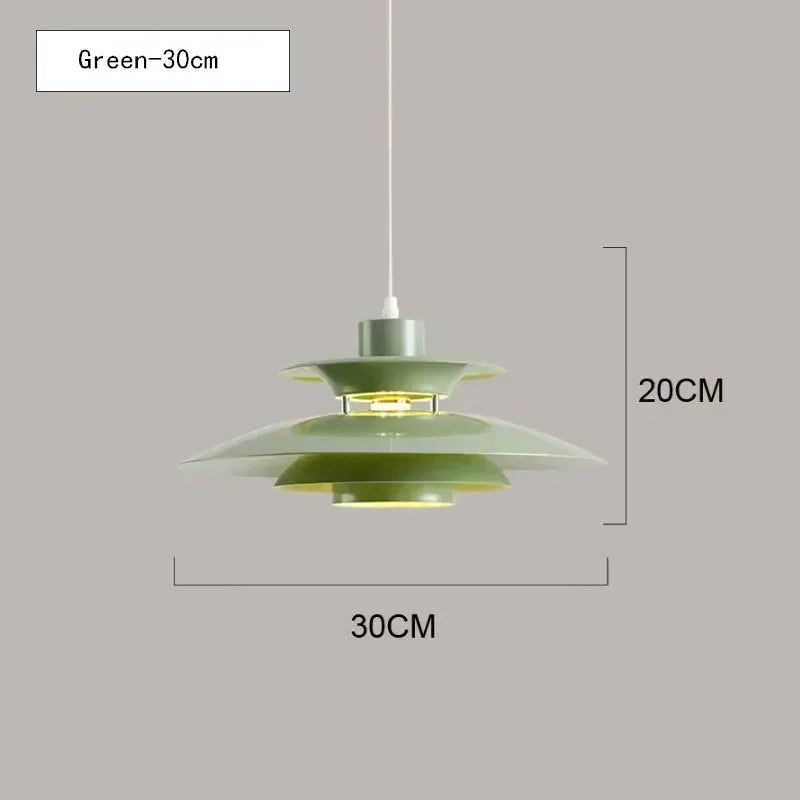 Green pendant lamp with dimensions on a gray background