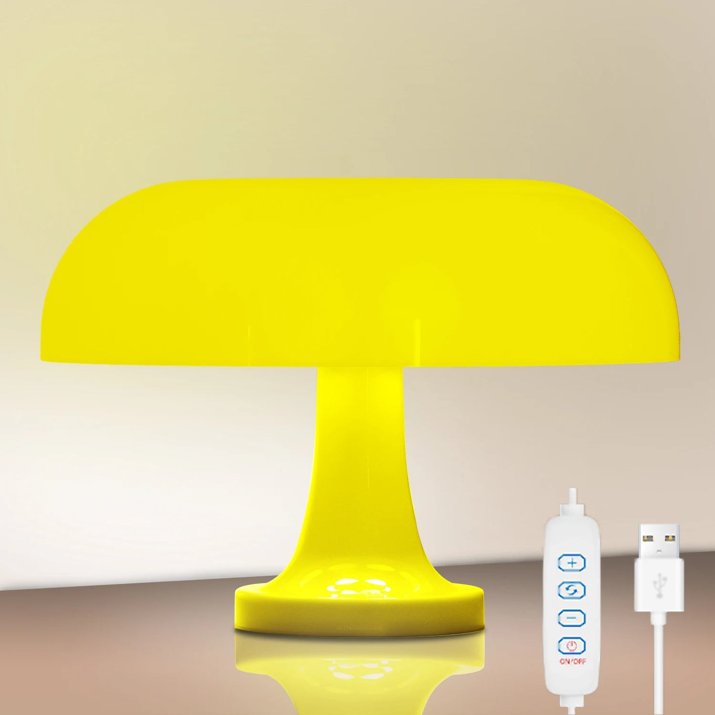 Yellow table lamp with remote control and power adapter on a beige background