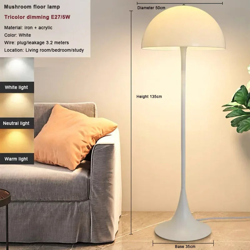 Mushroom floor lamp with dimensions and light color options in a living room setting.
