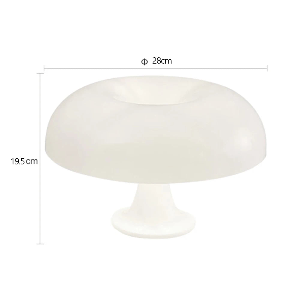 White mushroom-shaped lamp with dimensions on a white background