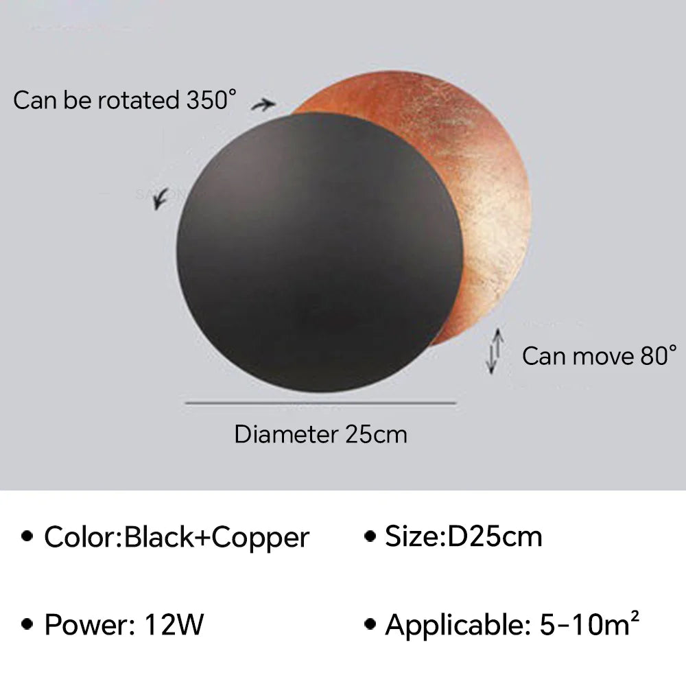 Black and copper round light fixture with specifications on a gray background