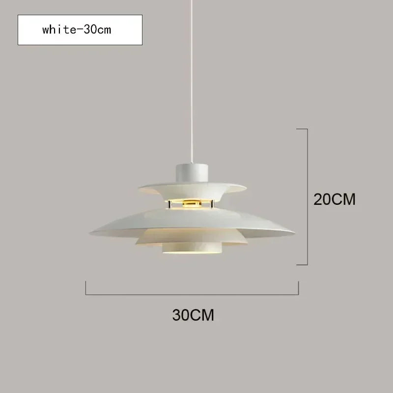 White pendant light with dimensions on a gray background