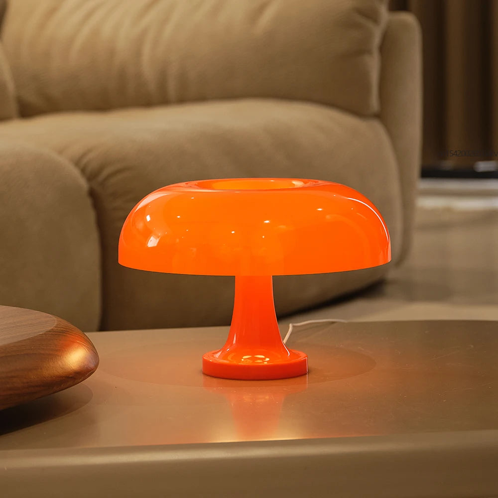Scandinavian mushroom lamp on wooden nightstand