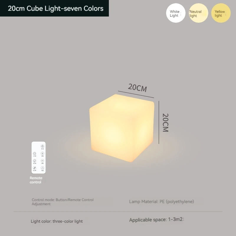 Cube light with dimensions and color options on a gray background