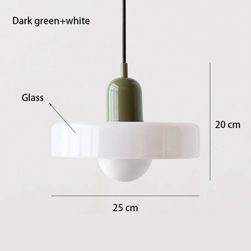 Pendant light with dark green glass shade and white base, labeled with dimensions on a light gray background.