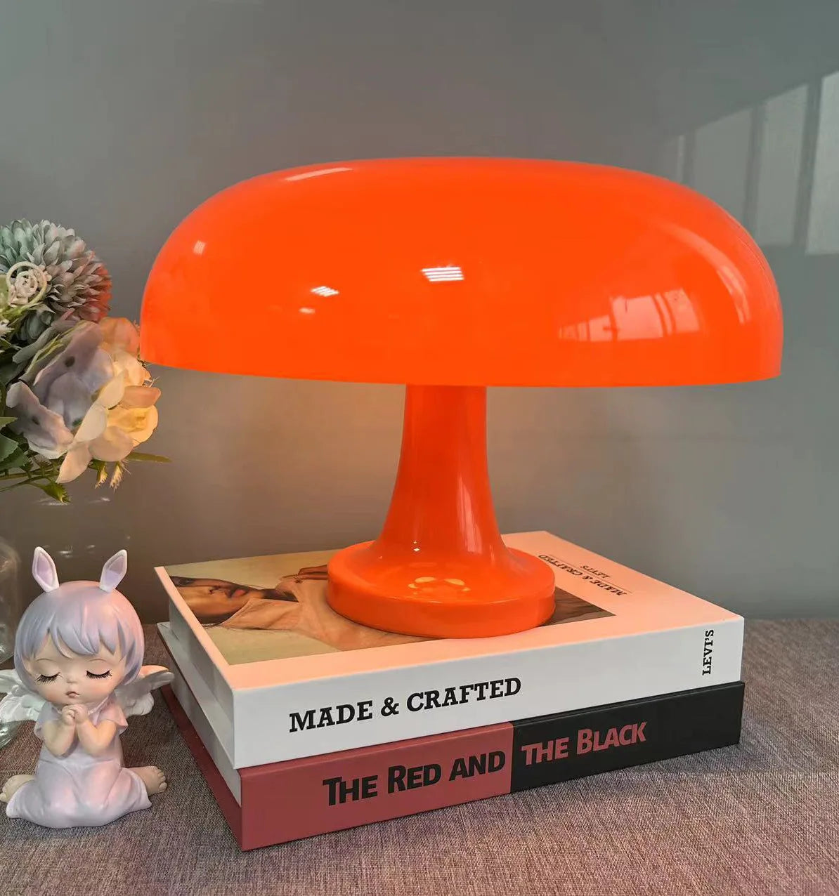 Tamira mushroom table lamp with soft LED glow on bedside