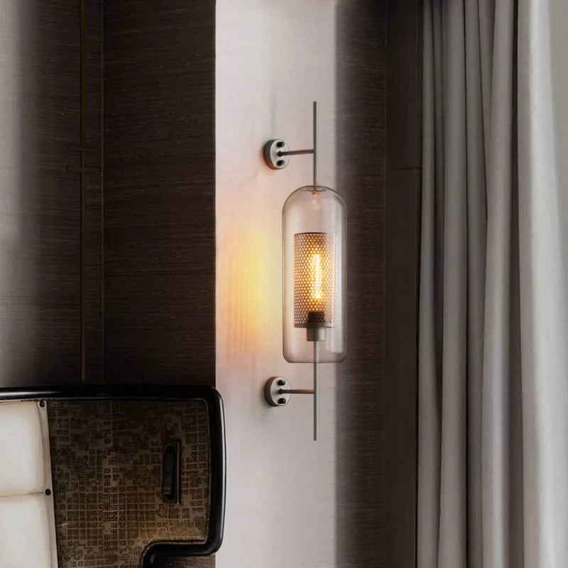 modern industrial wall sconce light with up and down glass shade design