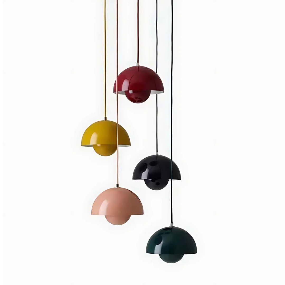 Bauhaus flowerpot pendant lights in red, yellow, black, blush pink, and forest green. Modern dome-shaped lighting ideal for minimalist and Scandinavian interiors.