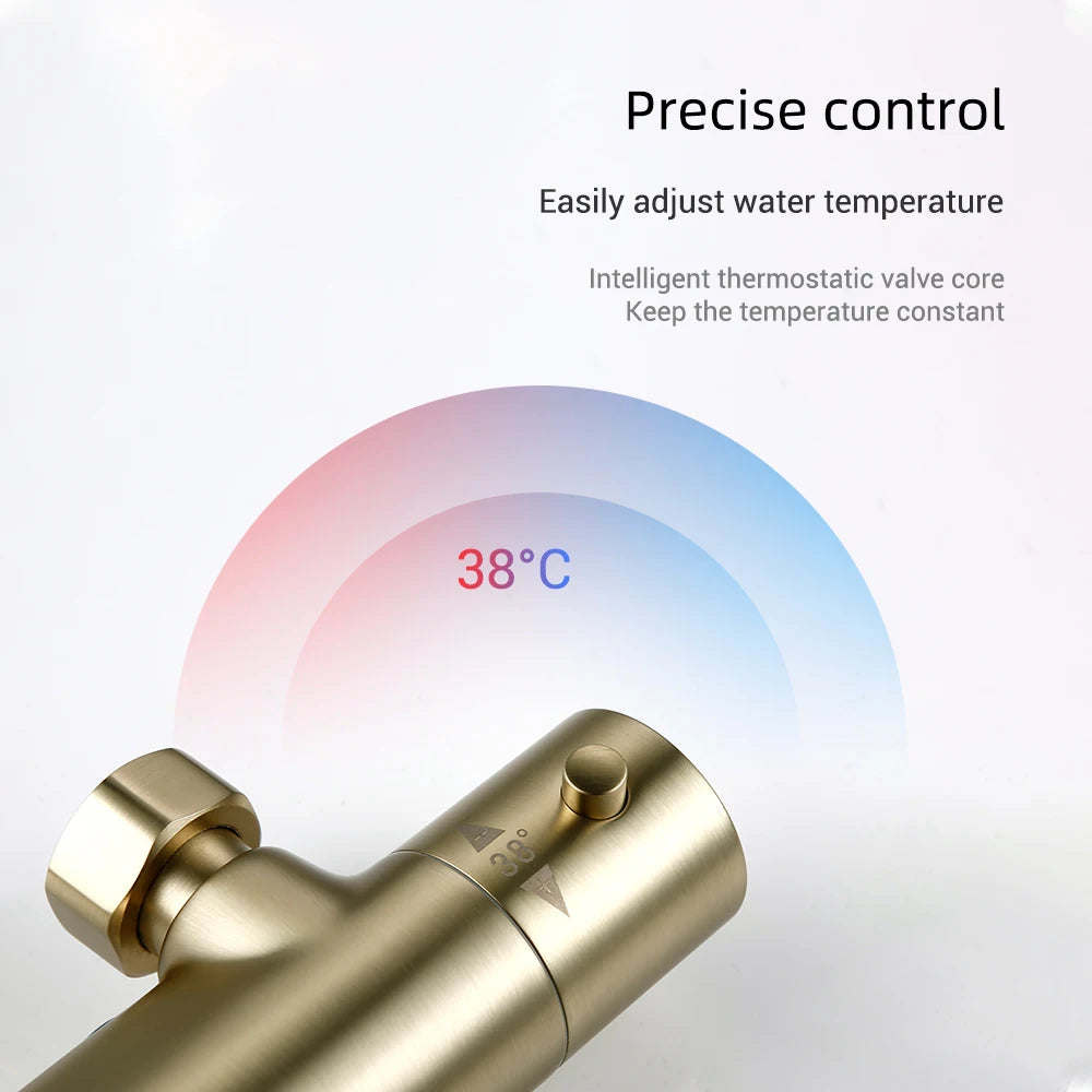 Close-up of round rain shower head and brass fittings