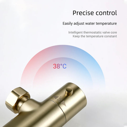 Close-up of round rain shower head and brass fittings
