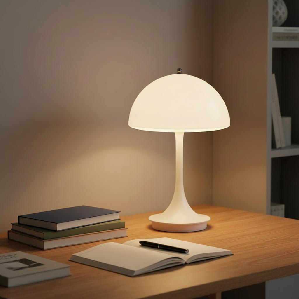 Dagny Nordic rechargeable LED table lamp on a wooden nightstand