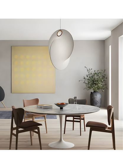 LED pendant lighting in a large living room featuring organic silk textures.