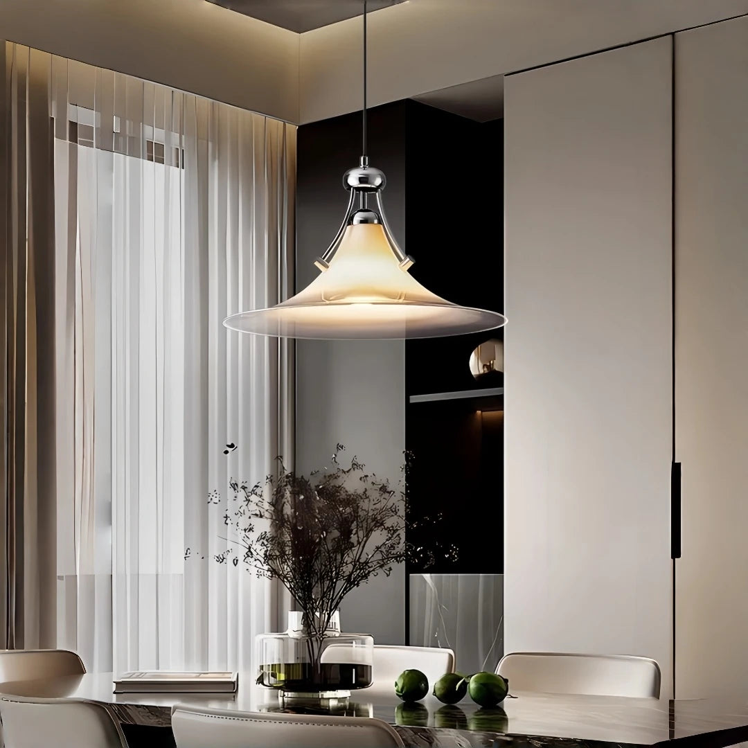 Mid century glass stone pendant light in a modern kitchen