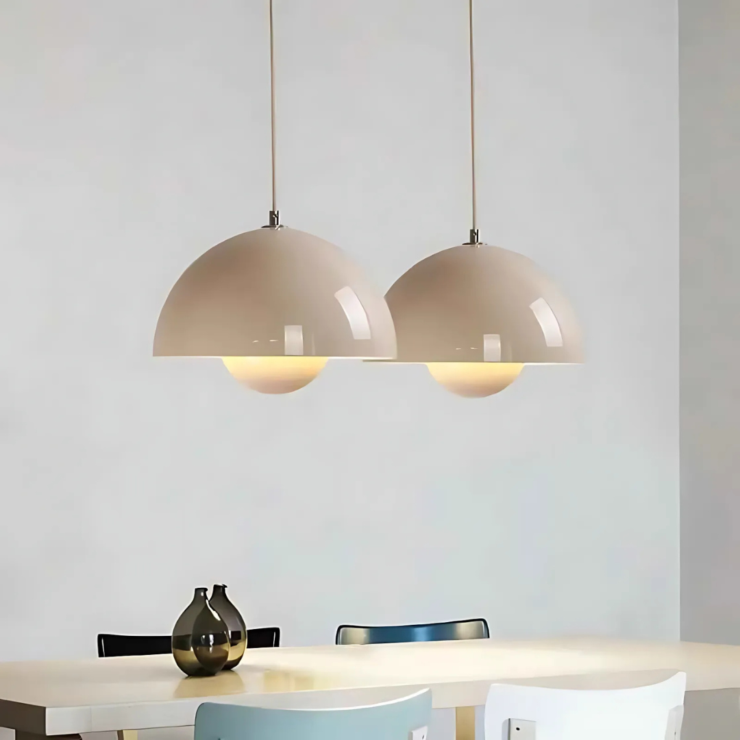 Minimalist hanging lights in pastel shades for dining area decor