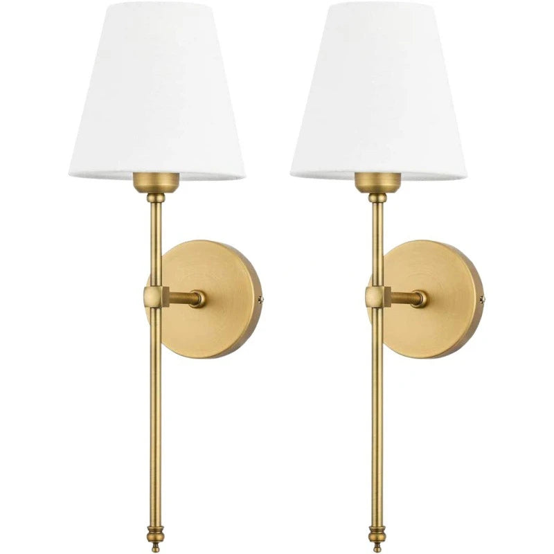 Modern wall sconces with beige fabric shade and plated iron body for kitchens.