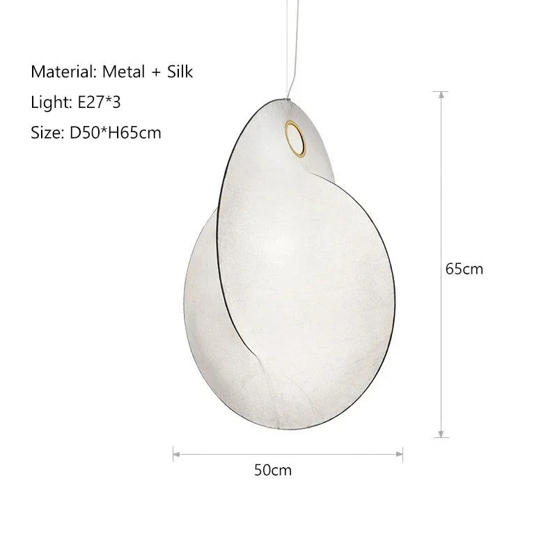 Modern white hanging lamp with global safety certifications including UL and CE.