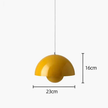 Mustard yellow Bauhaus pendant light with dome shape and flowerpot design. Dimensions shown: 23cm wide by 16cm high. Ideal for kitchen, dining, or bedside lighting.