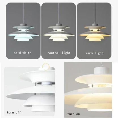 Pendant light with labeled color temperature effects on a gray background