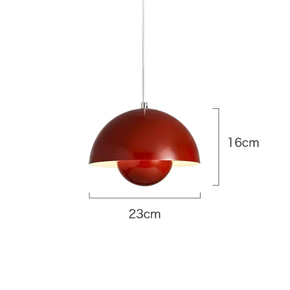 Red  Bauhaus pendant light with dome shape and flowerpot design.