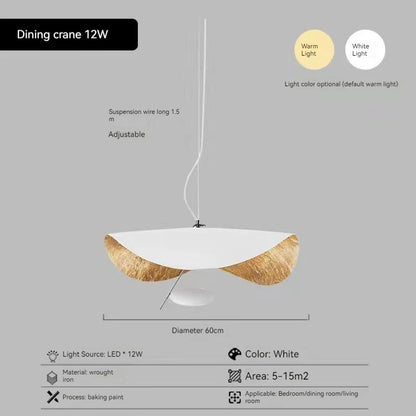 Dining crane pendant light with white and gold design on a gray background