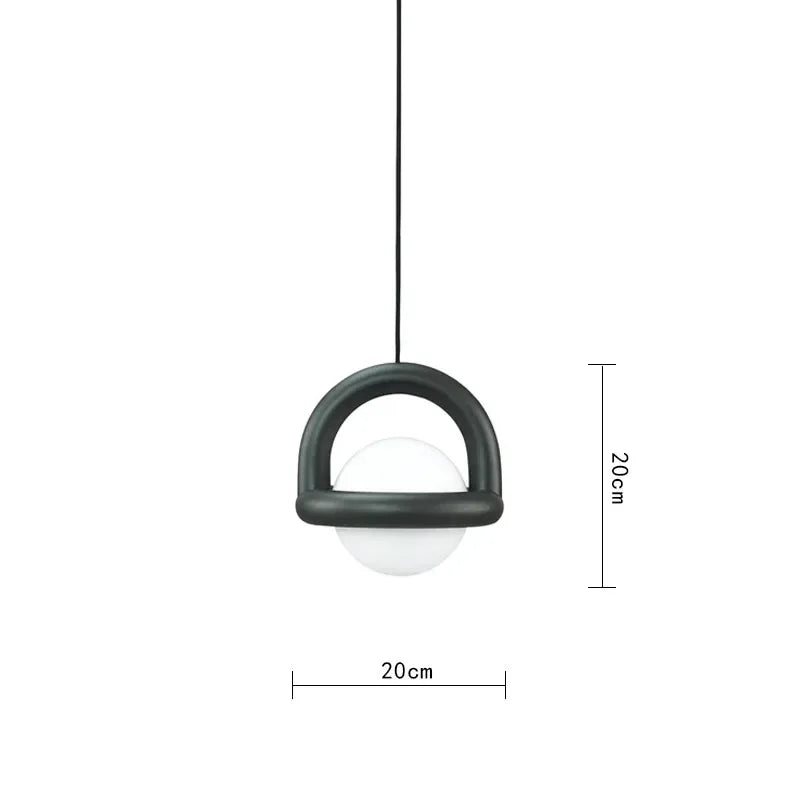 Pendant light with dimensions indicated on a white background