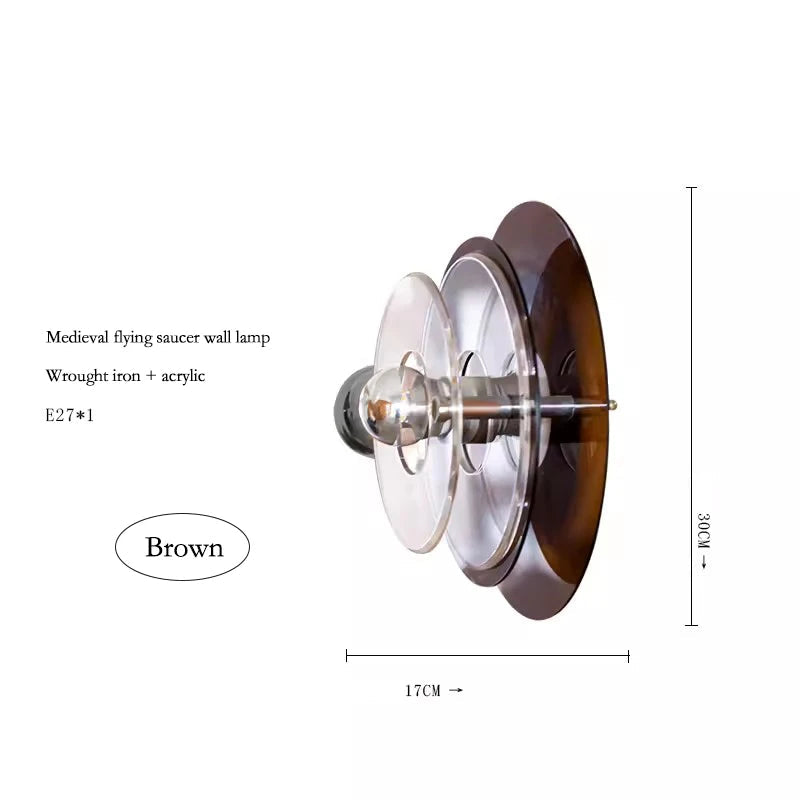 Medieval flying saucer wall lamp with dimensions and material details on a white background