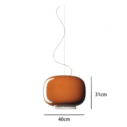 Brown pendant lamp with dimensions on a white background