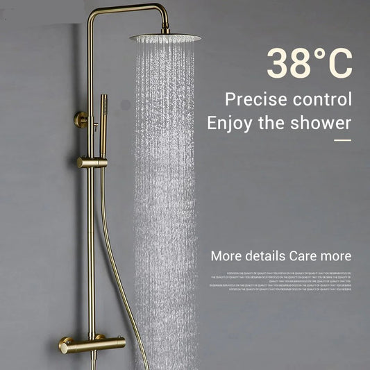 Aarunya thermostatic rain shower system with brushed gold finish


