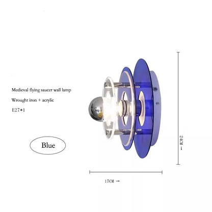 Blue wall lamp with dimensions and product details on a white background