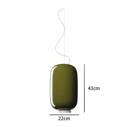 Green pendant light with dimensions on a white background