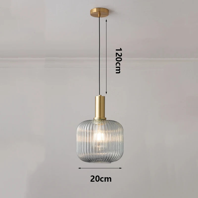 Pendant light with measurements on a plain background
