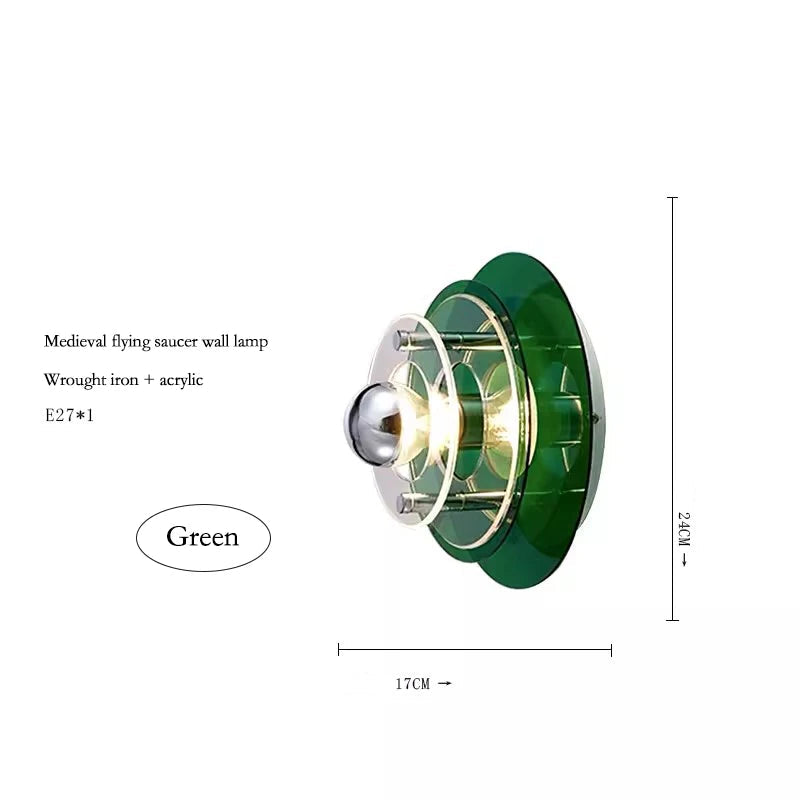 Green wall lamp with dimensions and branding on a white background