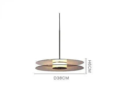 Gold pendant light with dimensions on a white background