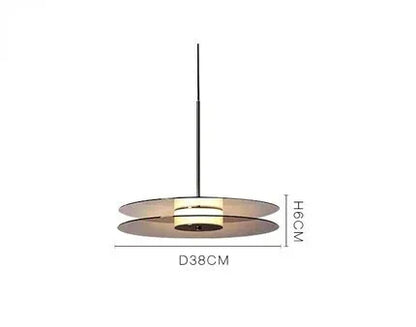Gold pendant light with dimensions on a white background