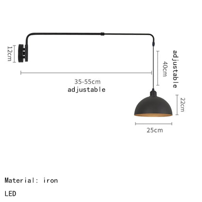 Black pendant light with adjustable arm and measurements on a white background