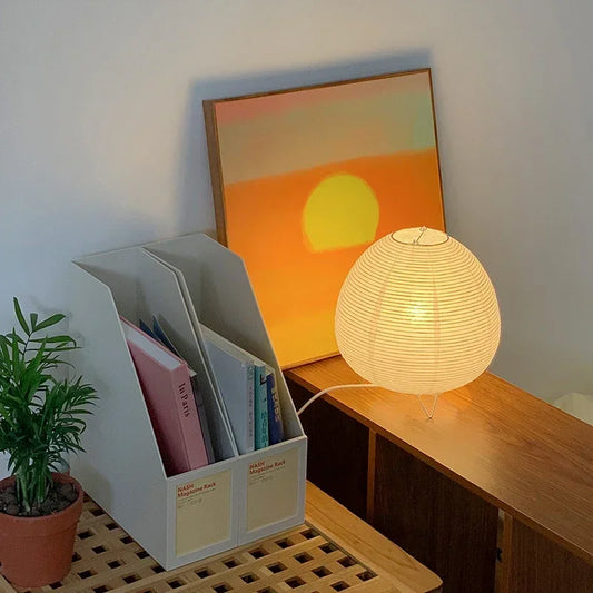 Washi rice paper LED table lamp with authentic Japanese lantern design for zen living rooms.