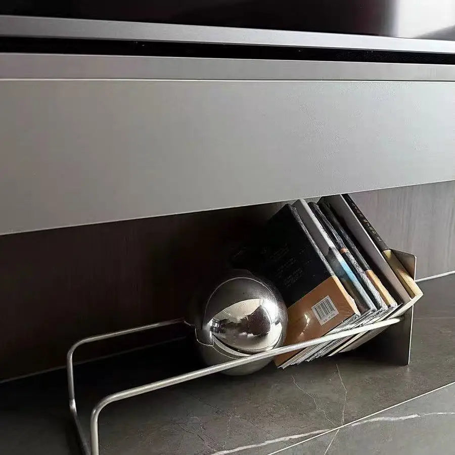 Minimalist desk storage rack with painted metal finish
