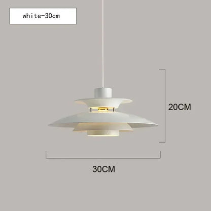 White pendant light with dimensions on a gray background